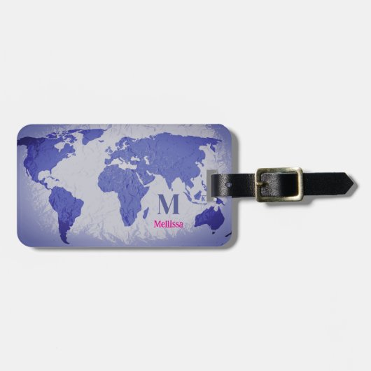 Monogramm Weltkarte Blau Rosa Name Geschenk Gefall Gepäckanhänger (Vorderseite horizontal)