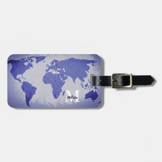 Monogramm Weltkarte Blaue Kunst Name Geschenk Gefa Gepäckanhänger (Vorderseite horizontal)