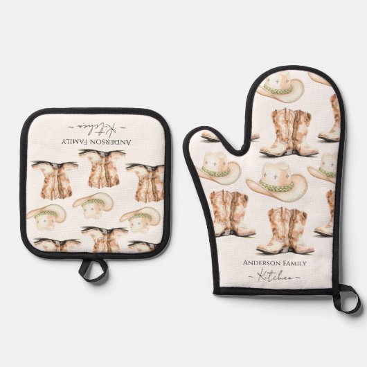 Monogramm Western Stiefel und Cowboy Hüte Ofenhandschuh & Topflappen-Set (Vorderseite)