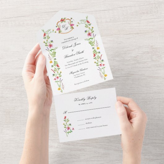 Monogramm Wildblumen Gartenfarben All In One Einladung (Abreißen)