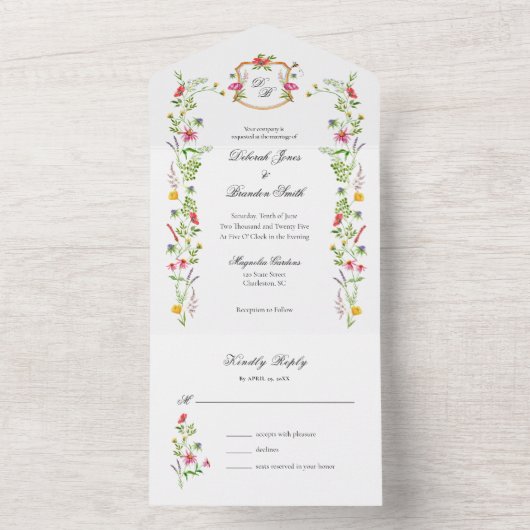 Monogramm Wildblumen Gartenfarben All In One Einladung (Innen Boden)