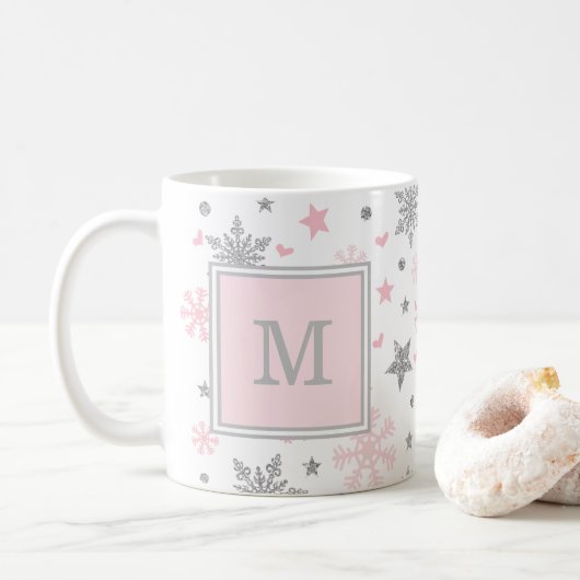 Monogramm-Winter-Schneeflocken/rosa silberner Kaffeetasse (Mit Donut)