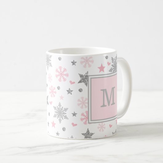 Monogramm-Winter-Schneeflocken/rosa silberner Kaffeetasse (VorderseiteRechts)