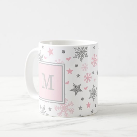 Monogramm-Winter-Schneeflocken/rosa silberner Kaffeetasse (Vorderseite Links)