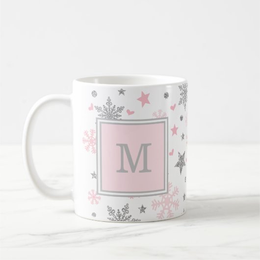 Monogramm-Winter-Schneeflocken/rosa silberner Kaffeetasse (Links)
