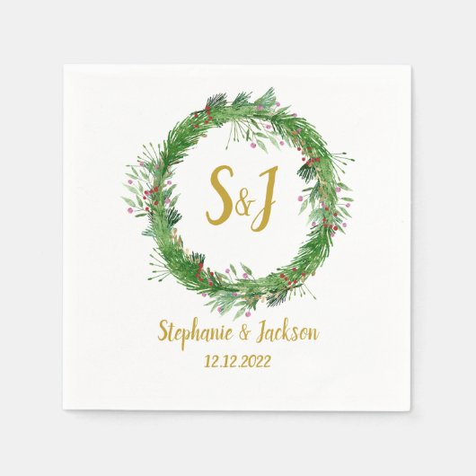 Monogramm | Winterlicher Grünkränze Hochzeit Serviette (Vorderseite)