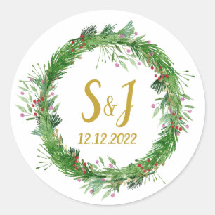 Monogramm   Winterliches Grünzeug Hochzeit Briefum Runder Aufkleber