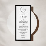 Monogramm Wreath Black | White Wedding Menu Card Menükarte<br><div class="desc">Elegante botanische Monogramm Kranz Schwarz-Weiß Hochzeitsflachkarte.</div>