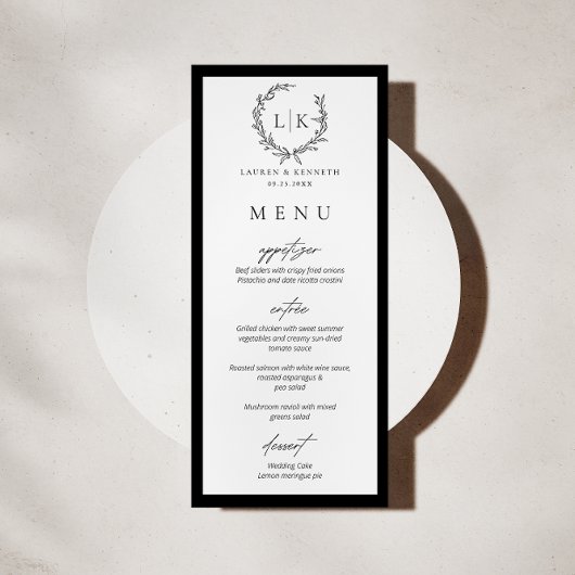 Monogramm Wreath Black | White Wedding Menu Card Menükarte