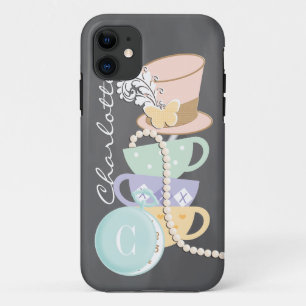 Monogramm-wütende Hutmacher-Teacups und Hut iPhone 11 Hülle