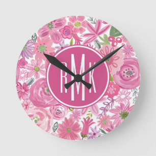 Monogramm   zacke ich Aquarell-Blumenmuster aus Runde Wanduhr