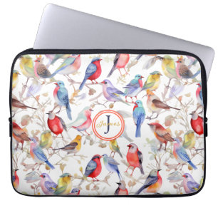 Monogramm Zauberhafte Wasserfarben-Vögel-Muster Laptopschutzhülle