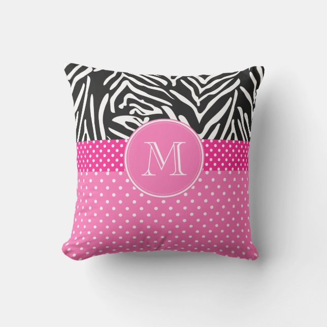 Monogramm Zebra mit Hot Pink Polka Dot Muster Kissen (Vorderseite)