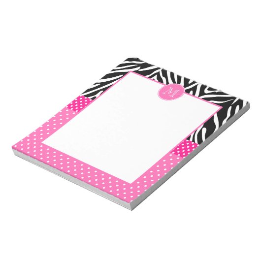 Monogramm Zebra mit Hot Pink Polka Dot Muster Notizblock (Rotiert)