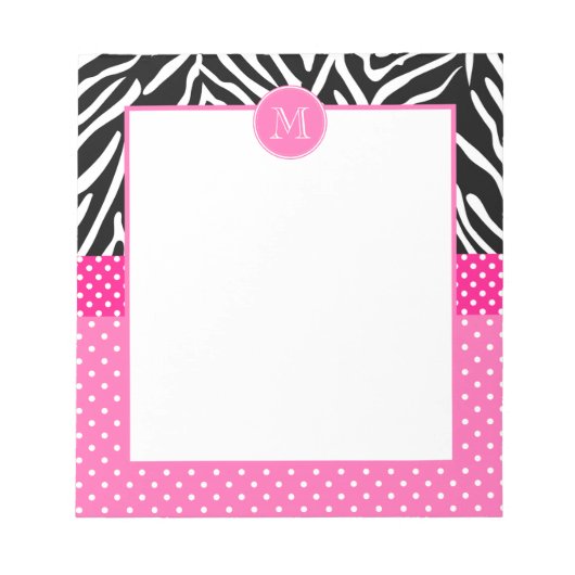 Monogramm Zebra mit Hot Pink Polka Dot Muster Notizblock (Vorderseite)