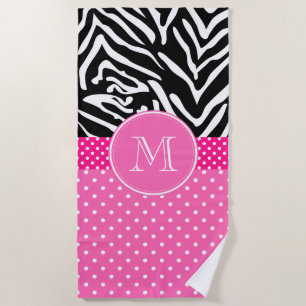 Monogramm Zebra mit Hot Pink Polka Dot Muster Strandtuch
