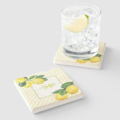 Monogramm Zitronen Aquarellstreifen rustikales Lan Steinuntersetzer (Seitenansicht)