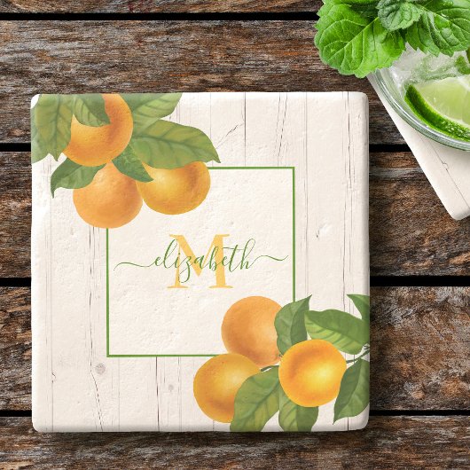 Monogramm Zitrusfrüchte Orangen Aquarell rustikale Steinuntersetzer