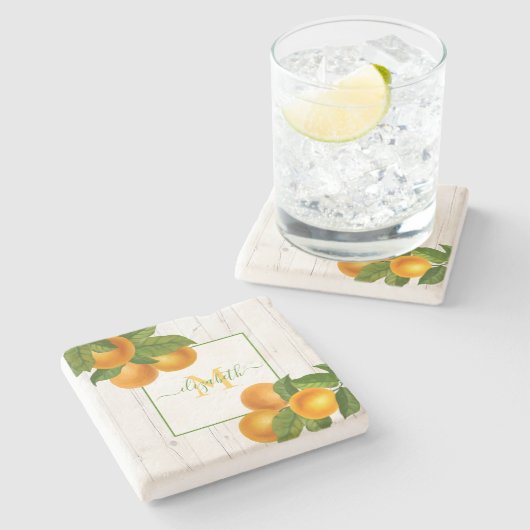 Monogramm Zitrusfrüchte Orangen Aquarell rustikale Steinuntersetzer (Seitenansicht)