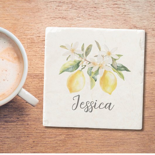 Monogramm Zitrusfrüchte Weiße Blumen Baumzweig Steinuntersetzer