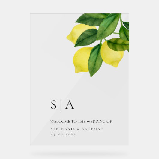 Monogramm Zitruszweig Lemonengrün Hochzeit Acrylschild (Vorderseite)