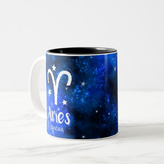 Monogramm, Zodiac Aries Zeichen, Blaugalaxie Zweifarbige Tasse (Vorderseite Links)