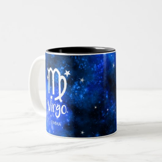 Monogramm, Zodiac Virgo-Zeichen, Blue Galaxy Zweifarbige Tasse (Vorderseite Links)