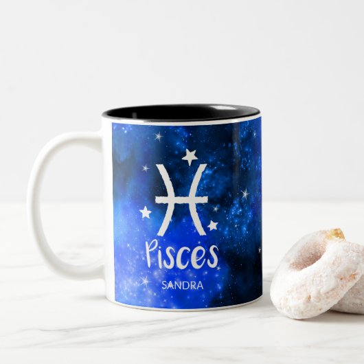 Monogramm, Zodiac-Zeichen, Piszen mit blauer Galax Zweifarbige Tasse (Mit Donut)