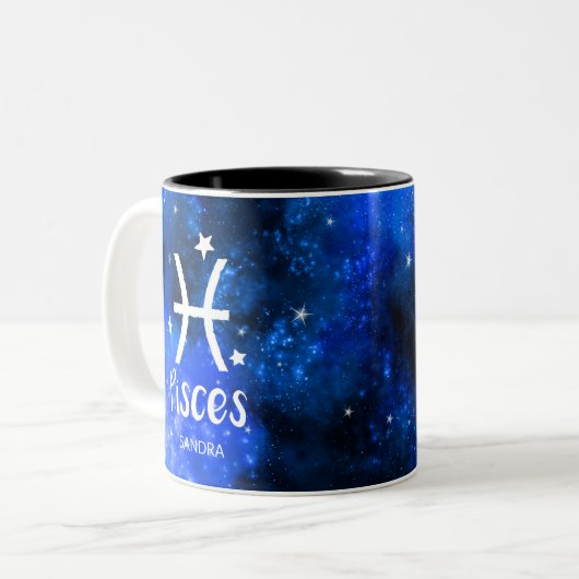 Monogramm, Zodiac-Zeichen, Piszen mit blauer Galax Zweifarbige Tasse (Vorderseite Links)