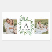 Monogramm Zwei Foto | Personalisierter Grünrahmen Rechteckiger Aufkleber (Vorderseite)