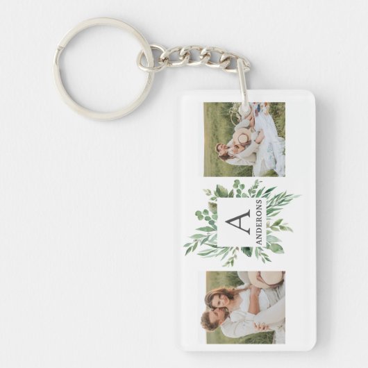 Monogramm Zwei Foto | Personalisierter Grünrahmen Schlüsselanhänger (Vorderseite)