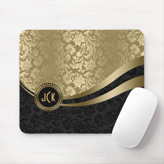 Monogrammatikalische Black & Gold Floral Damaskus Mousepad (Mit Mouse)