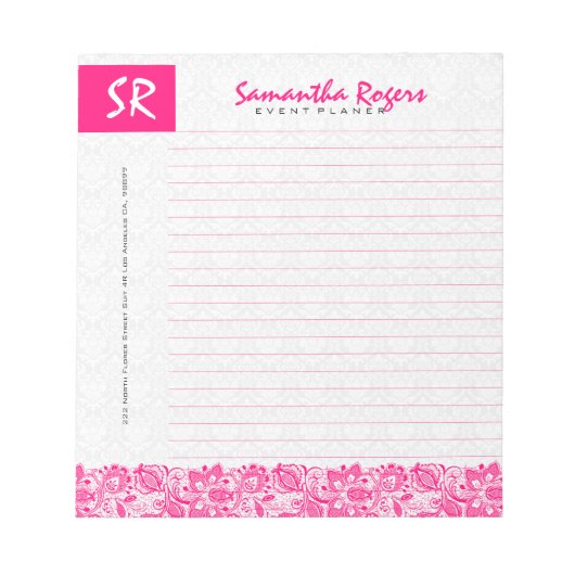 Monogrammatikalische Hot Pink Floral Lace & White  Notizblock (Vorderseite)