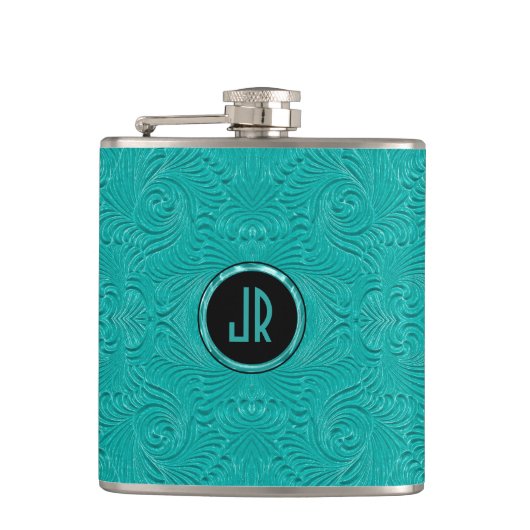 Monogrammatikalische türkisfarbene Embossed Floral Flachmann (Vorderseite)