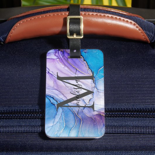 Monogrammatisch blau und Lila marbled Gepäckanhänger (Vorderseite Insitu 2)