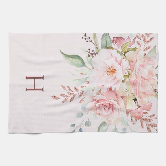 Monogrammatisch Rosa Rose Pony Floral Geschirrtuch (Horizontal)