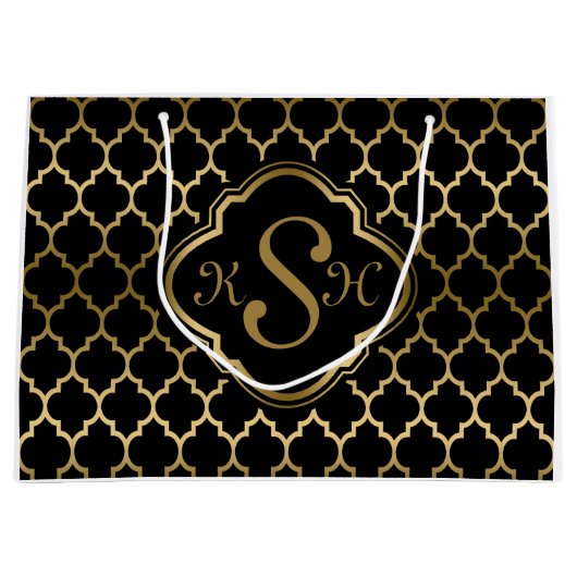 Monogrammatisches Gold & Black Quatrefolienmuster Große Geschenktüte (Vorderseite)