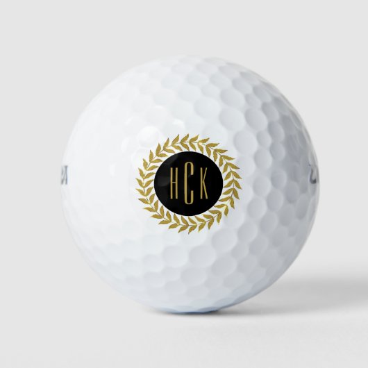 Monogrammatisches Gold Glitzer Wreath Black Circle Golfball (Vorderseite)