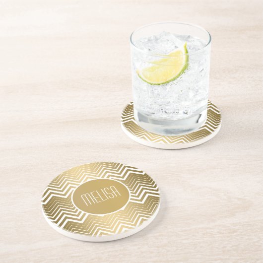 Monogrammatisches Gold und White Zigzag Zickzack Getränkeuntersetzer (Seite)