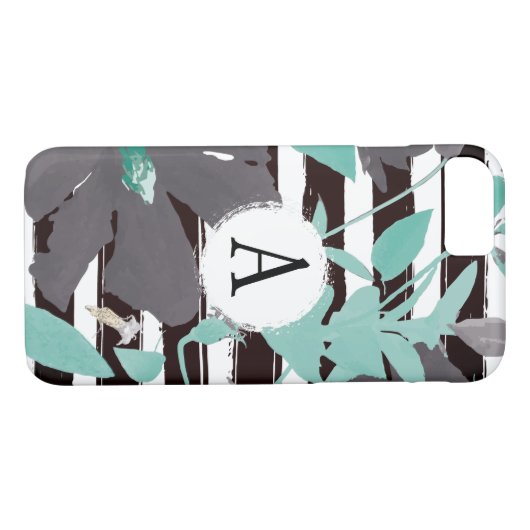 Monogrammatisches graues Minz Floral Stripe Case-Mate iPhone Hülle (Rückseite (Horizontal))