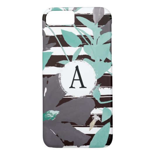 Monogrammatisches graues Minz Floral Stripe Case-Mate iPhone Hülle (Rückseite)