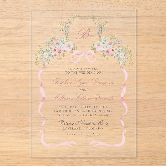 Monogrammbänder und Blumen Hochzeit Acryleinladungen (Vorderseite)