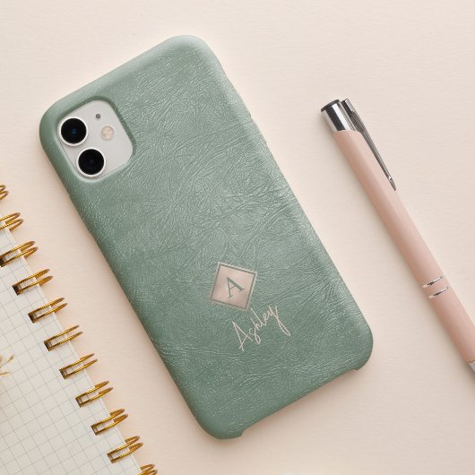 Monogrammbuchstabe und Schriftname sage Leder Case-Mate iPhone Hülle