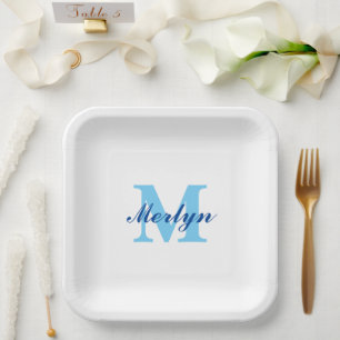 Monogramme Blaue Geburtstage Baby-Partys Elegant Pappteller