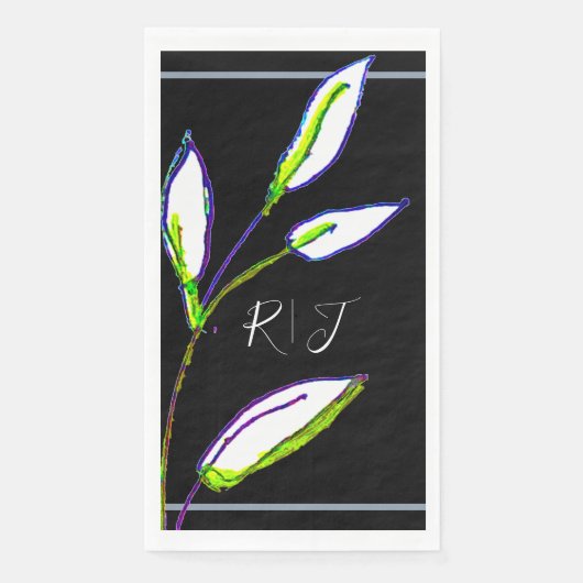 Monogramme - Grün Leaf Schwarz-weiße Kunsthochzeit Serviette (Vorderseite)