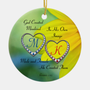 Monogramme mit doppeltem blauen und rotem Herzen m Keramik Ornament