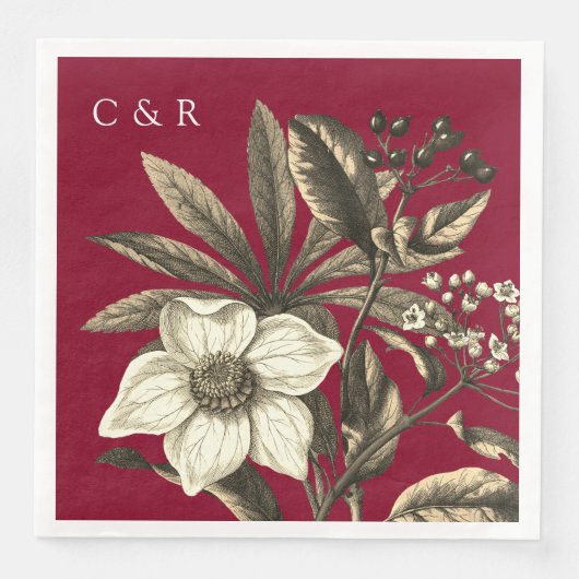 Monogramme moderne burgunder beige Christrose Serviette (Vorderseite)