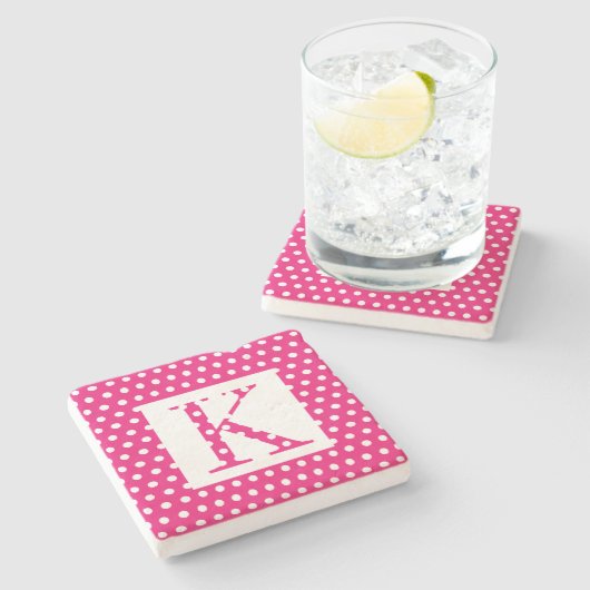 Monogramme Pink White Polka Dots Farbiges Geschenk Steinuntersetzer (Seitenansicht)