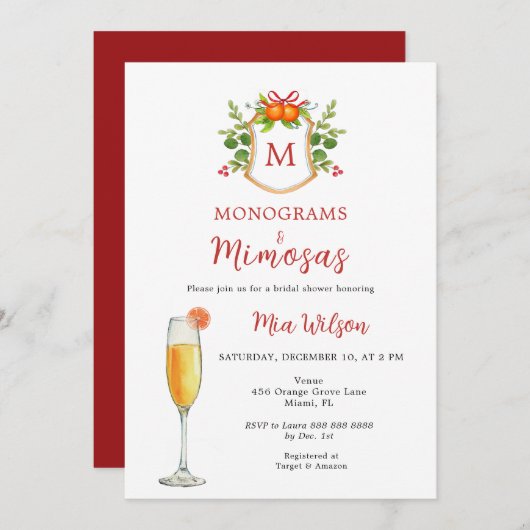 Monogramme und Mimosas Weihnachts-Brautparty Einladung (Vorne/Hinten)