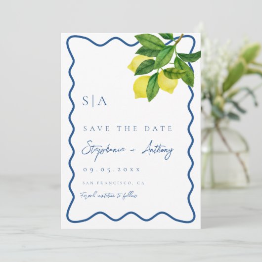 Monogramme Zitronenfrüchte, Hochzeitssonne an der  Save The Date (Stehend Vorderseite)